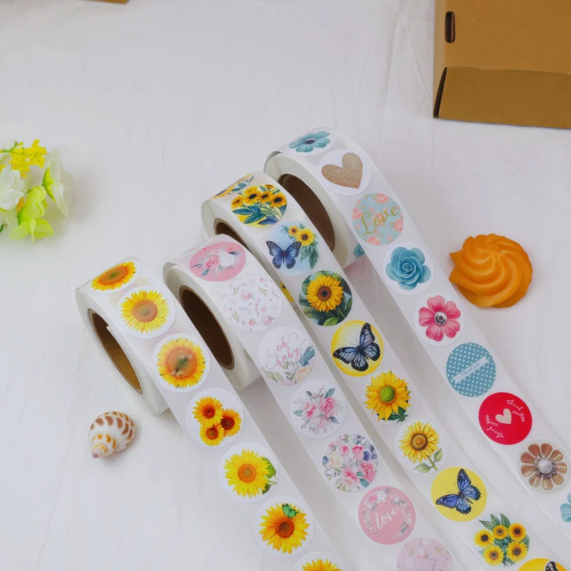 500Pcs/Rolls 2.5cm Beautiful Flower Sunflower Sticker Decoration Gift Box Sticker Label Stationery Sticker