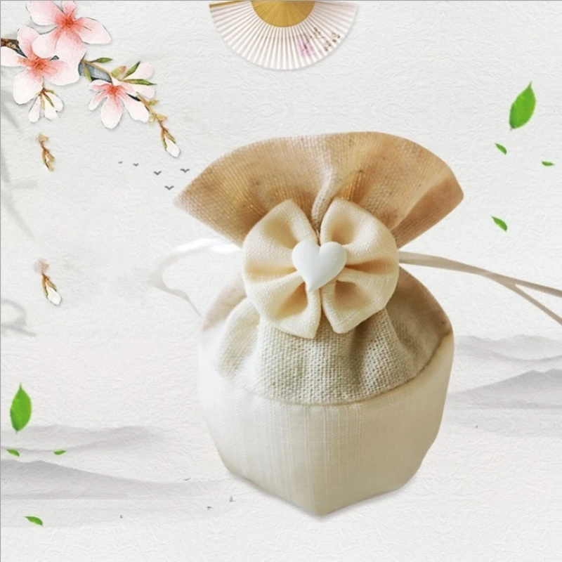 5Pcs Cotton Drawstring Gift Bag Cute Drawstring Round Bottom Candy Bag Butterfly Knot Heart-shaped Handmade Christmas Candy Bag