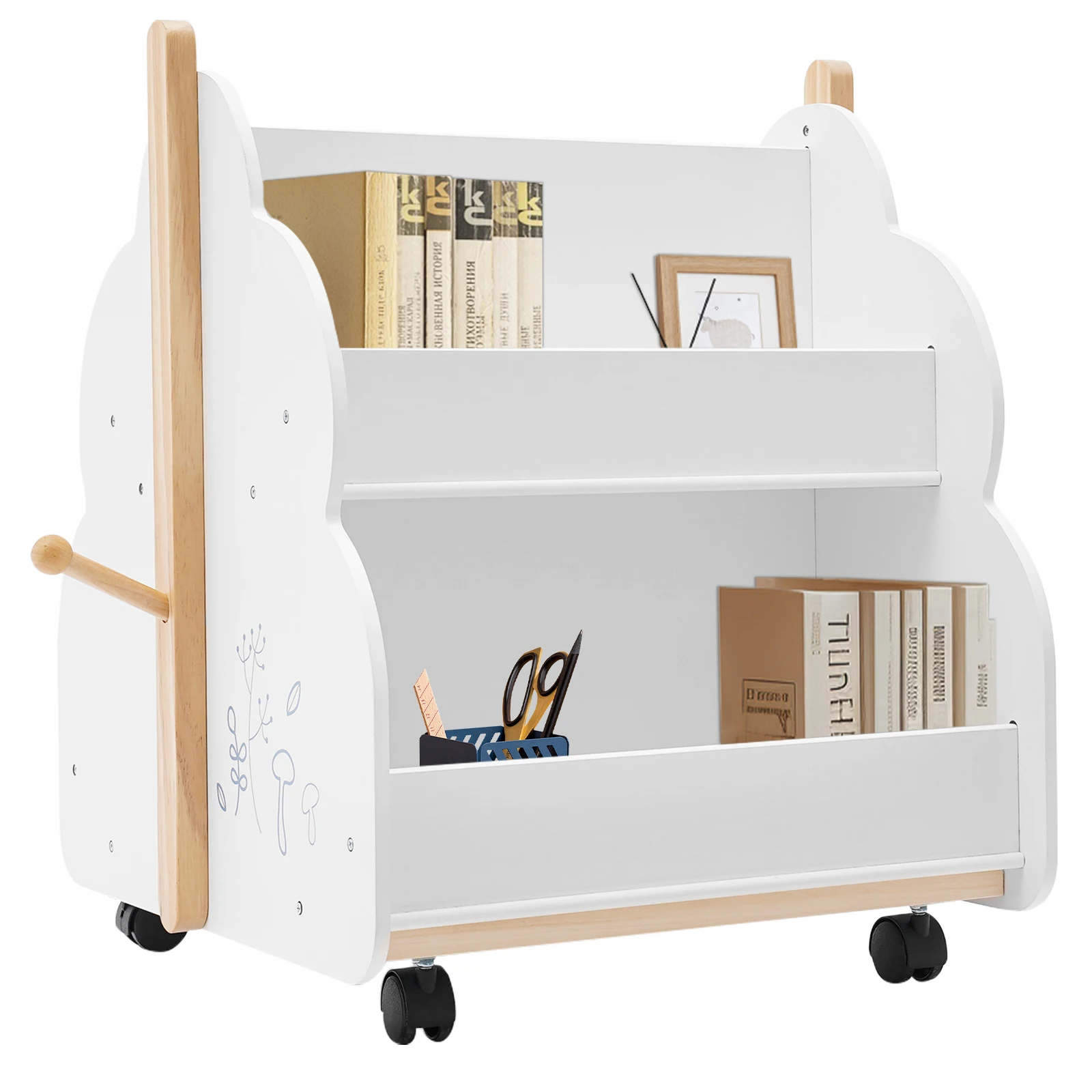 2 Tiers Cloud-shaped Children's White Bookcase with 4 Universal Wheels Easy to Move & Fix 3