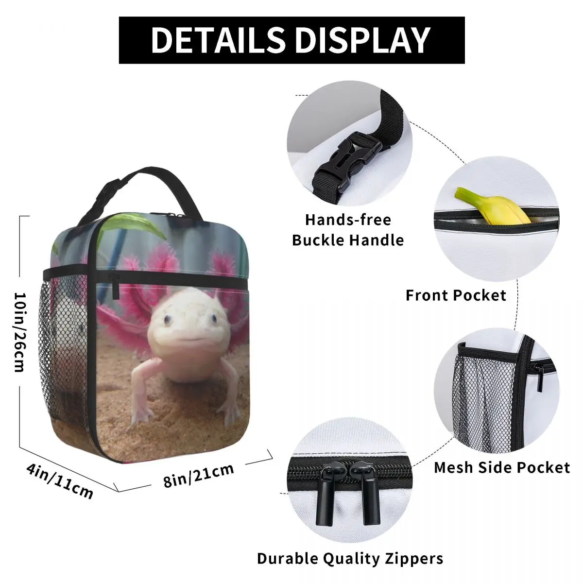 Smiling Leucistic Axolotl Insulated Lunch Bag for School Office Salamander Animal Waterproof Cooler Thermal Lunch Box Women Kids