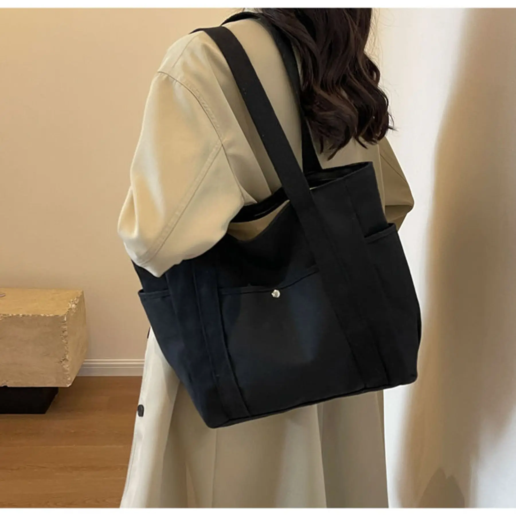 IwIeIaIrI Canvas Tote Bag For Women - Multi Pocket Shoulder Bag, Small Blue, Adjustable Strap