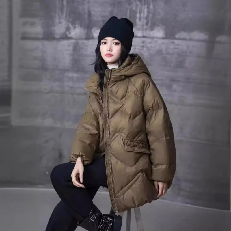 Women's Hooded Medium Length Down Jacket, Warm Casual Coats