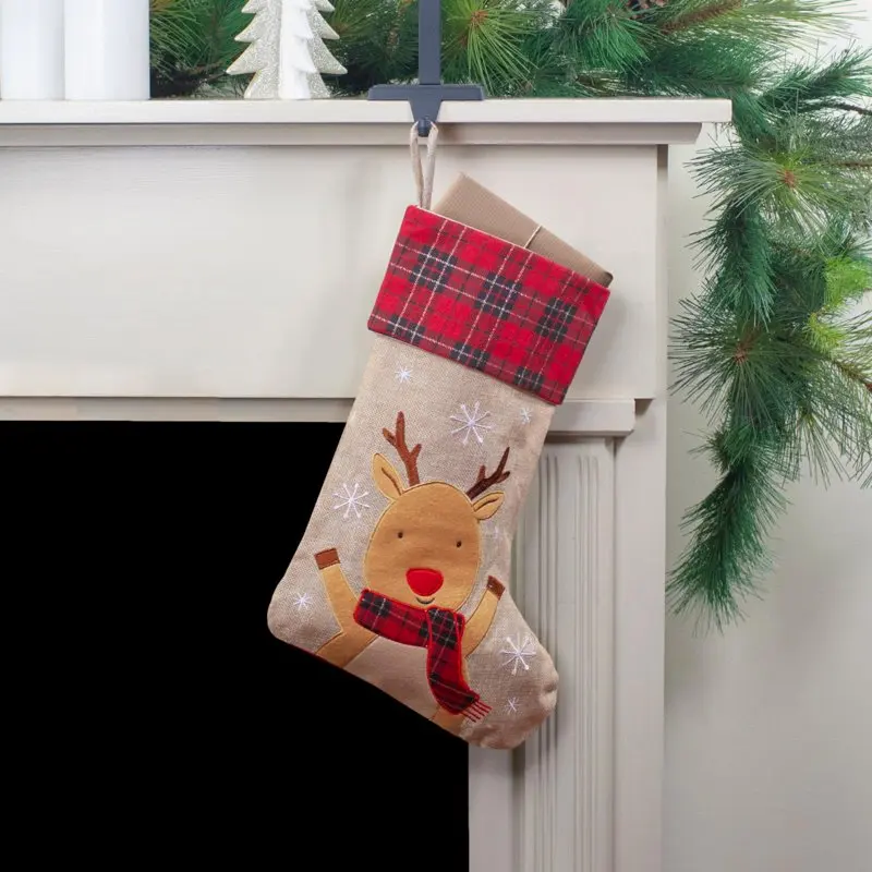 

Burlap Whimsical Reindeer Waiving Christmas Stocking