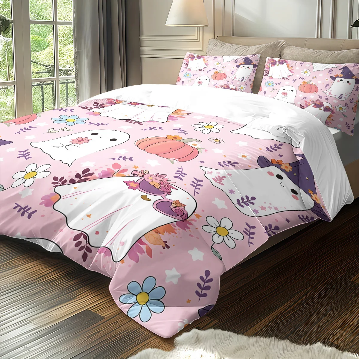 3pcs Halloween pink ghost pattern duvet cover set, 1 duvet cover+2 pillowcases, no core. Soft and comfortable bedding set