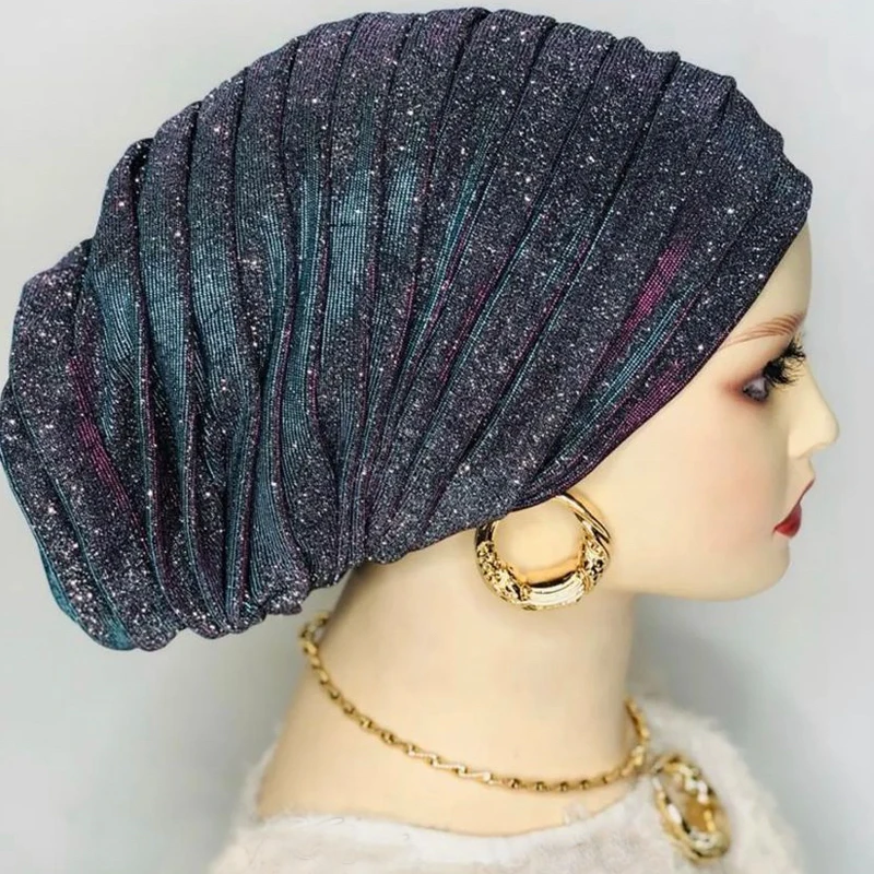 2020 fashion glitter braid women s turban caps ready to wear african head wraps muslim headscarf bonnet hair loss hat turbante 2023 Lady Head Wraps Muslim Headscarf Hat Turbante Mujer African Headpiece Glitter Full Body Pleated Turban Cap for Women