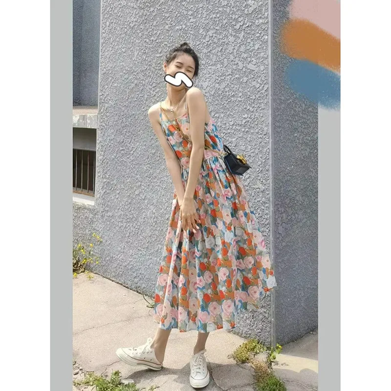 

2023 Cinched Floral Beach Long Dress Sleeveless Slip Floral Maxi Dress Summer Korean Women Fashion Sexy Party Club Robe