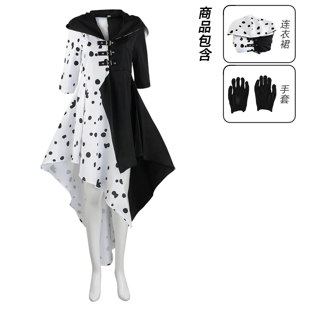 クルエラコスプレ衣装ドレス衣装マント手袋付きハロウィン