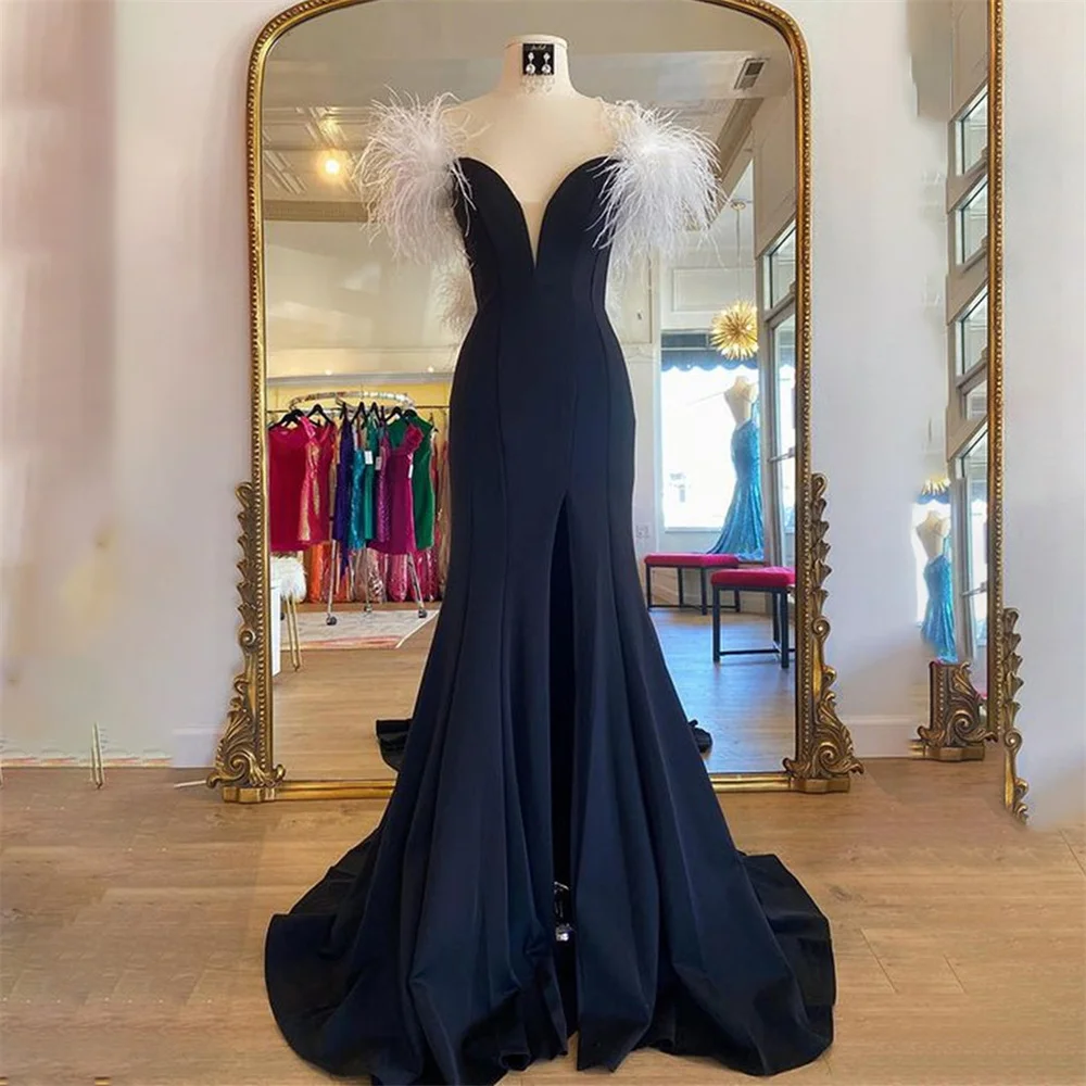 

Lily Black Mermaid Formal Dresses Feathers V Neck Party Dress For Wedding Stain Side Split Special Occasion Dresses robe soirée