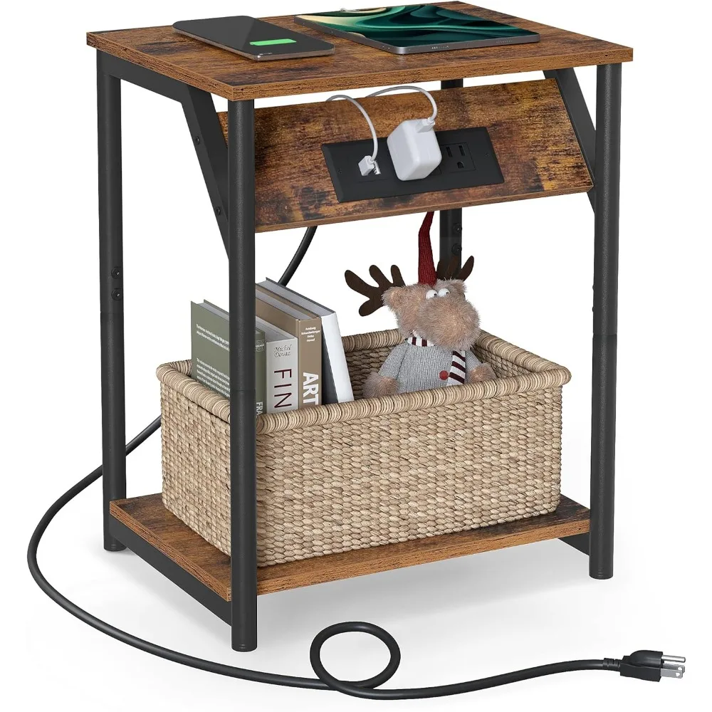 

End Table with Charging Station, Set of 2, Small Side Tables for Living Room, with Outlets and USB Ports,with Storage Shelf