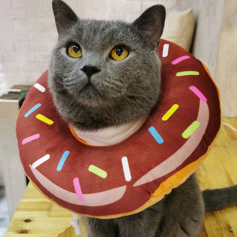 Pet Donut Cat Elizabeth E-Collar Recovery Cone Adjustable Cotton Blends Neck Recover Cat Dog Printed Pet Protection Collar