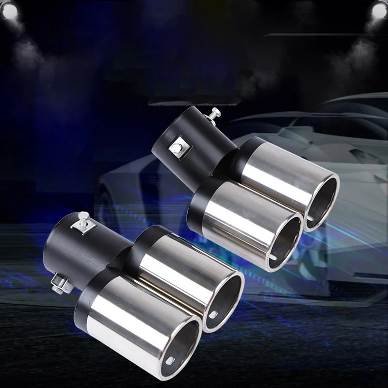 Universal Double Outlets รถยนต์ท่อไอเสีย Silencer เส้นผ่านศูนย์กลางท่อไอเสีย Trim สแตนเลส Double Outlet ท่อไอเสีย 1