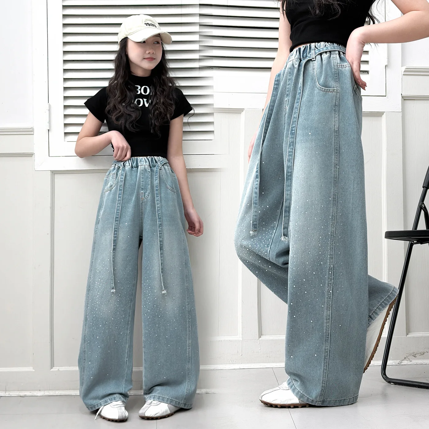 키즈 소녀 스타일리쉬 루즈 스트레이트 청바지 별빛 하늘 다이아몬드 아동용 편안한 핏 바지 봄 가을 데님 팬츠 십대용
