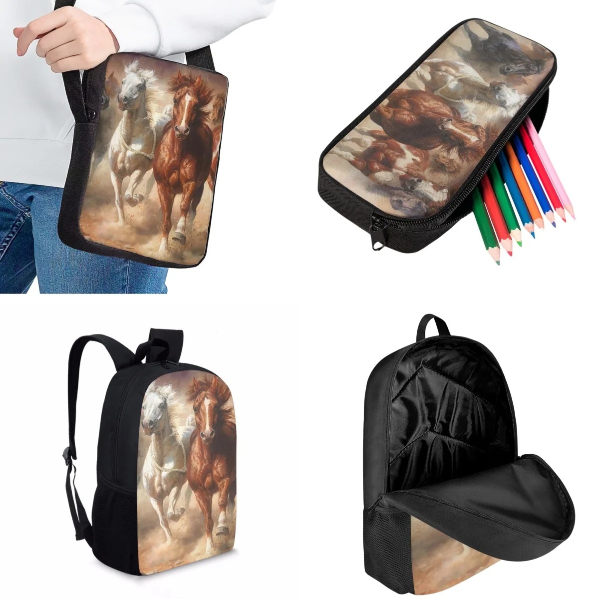 Jackherelook Running Horse Fashion Student School Bags Set Kids School Backpack Practical College Student 17 Inch Laptop Bag