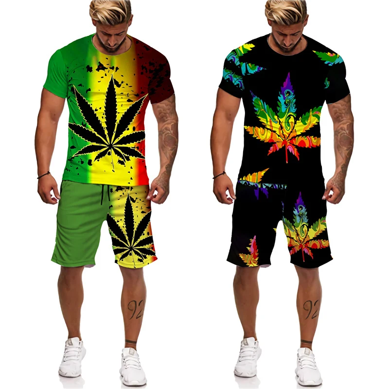 

Colourful Weeds 3D Print Men Sets Summer 2 Piece Outfits Sets Casual Tracksuit Men's top and bottom set Streetswear tshirt set