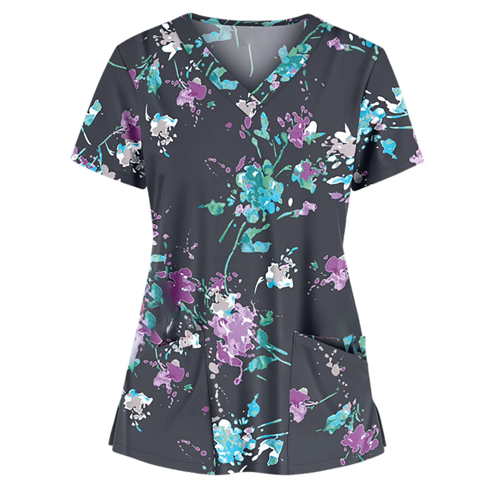 Flower Print Nursing Scrubs Tops Women Short Sleeve Working Uniform