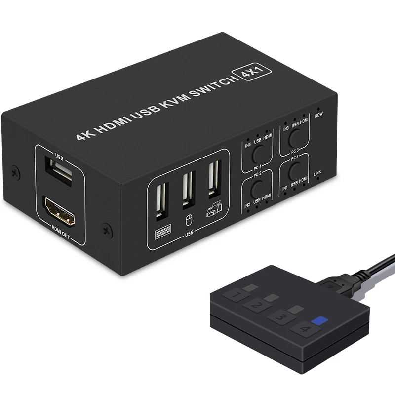 4K 60Hz 4X1 Switcher 4 Port USB HDMI KVM Switch Video Converter with Desktop Con