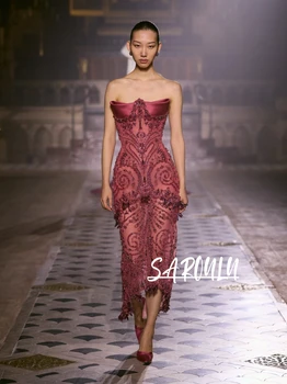 Abito da Sera Fucsia con Frange di Perline, Squisito Abito da Sera Attillato con Effetto Glitter, Senza Spalline, Personalizzabile, Elegante per Celebrità