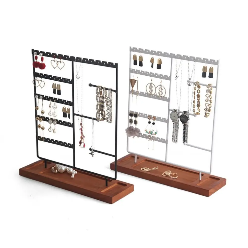 

Multi-function Jewelry Display Stand Metal Shelf Wooden Tray Necklace Hanging Hooks DIY Pendant Rack Bracelets Organizer Holder
