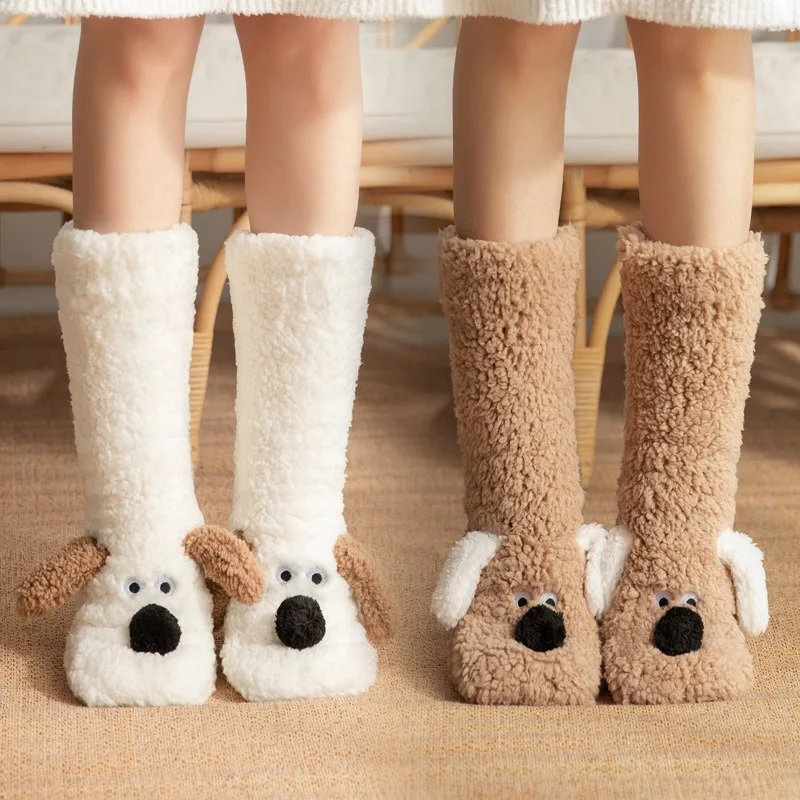 Fuzzy Fluffy Sock Women Cartoon 3D Dog Winter Warm Plush Non Slip Home Sleeping Soft Female Floor Thermal Funny Slipper New Sock