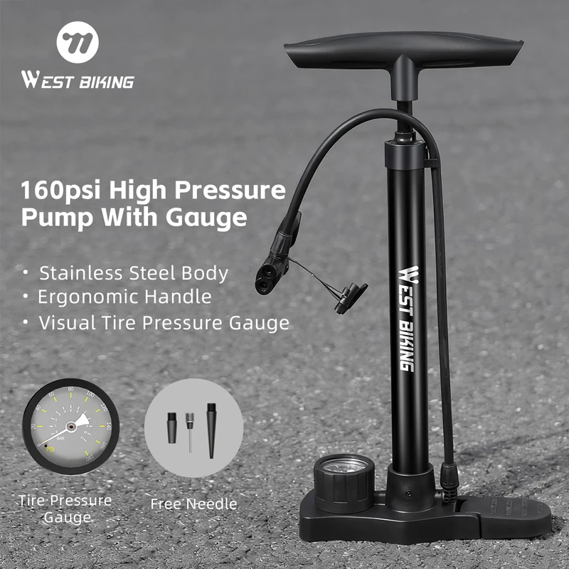 WEST BIKING Bicycle Pump 160PSI Portable Stainless Steel Bike Pump Schrader Presta Valve Inflator Mountain Road Bike Accessories