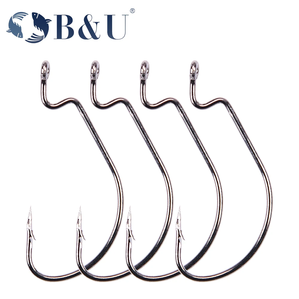 B&U 50pcs/lot Fishing Soft Worm Offset Hooks High Carbon Steel Wide Super Lock Fishhooks Lure Softjerk 8#-5/0 Fishing Tackle