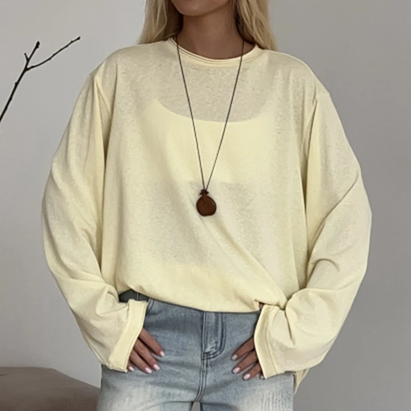 Women's New O-neck Long Sleeve T - Shirt Soft Fabric Oversized Trendy Knot Front Spring Autumn Fashion Tops