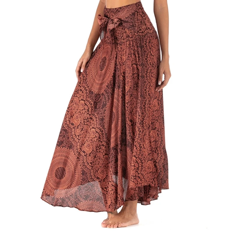 Women 2 In 1 Floral Print Elastic Waist Long Skirt Self-Tie Beach Halter Dress