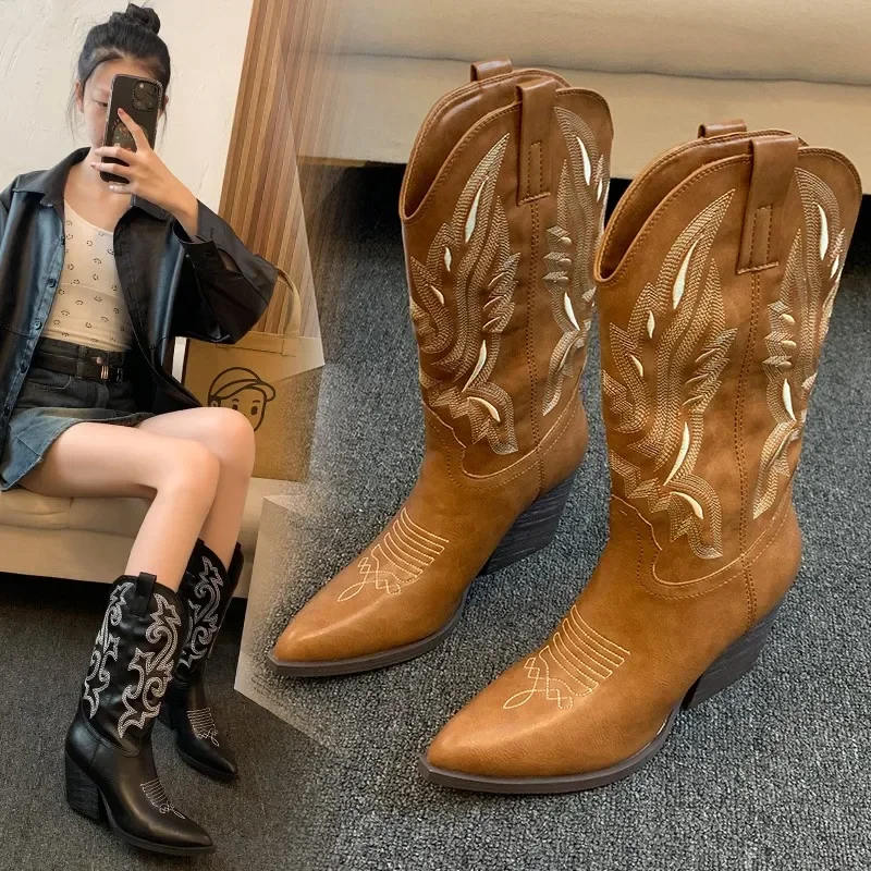 

Retro Embroider Knee High Boots Women Comfy Walking Female Side Zip Western Cowboy Long Botas Largas Mujer Chelsea Boots