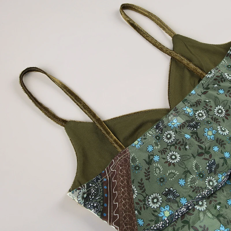 Mori Girl Style Patchwork Camis Top Y2K Aesthetic Vintage Green Sexy V Neck Tank Top Summer Asymmetry Lace-up Vest