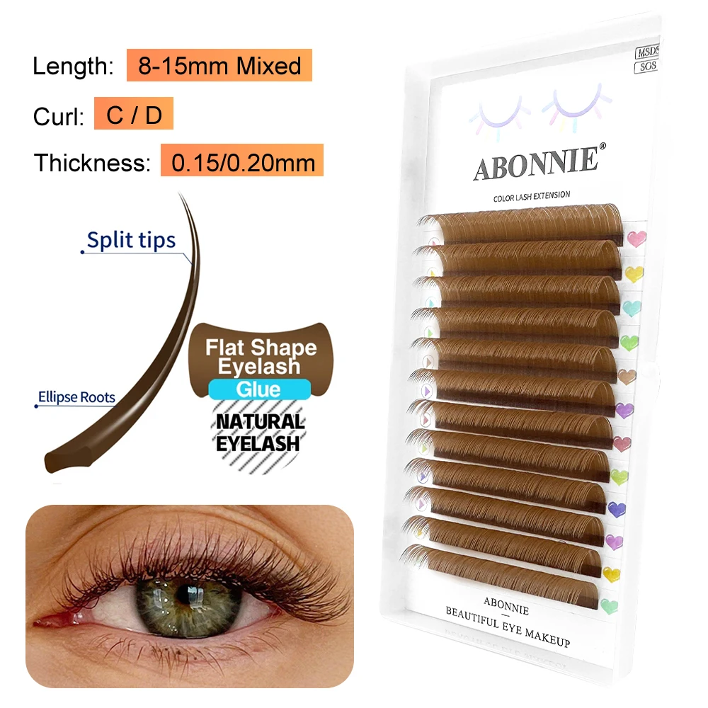 

Abonnie Split Tips Flat Eyelashes Extension Ultra Soft Ellipse Flat Lashes Brown Colored Eyelashes