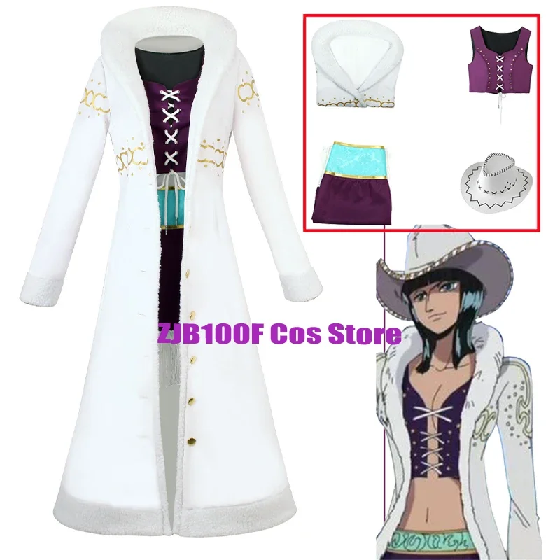

Anime Robin Cosplay Costume Women Nico Purple Dress Uniform Long White Trench Cloak Hat Outfit Halloween Clothing for Woman