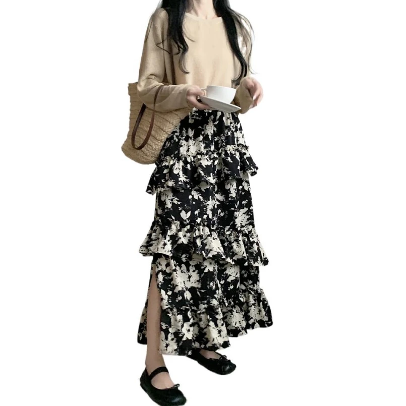 

Summer New Chiffon Women Medium Length Skirt High Street Vintage Printing Lightweight Split Sweet Flounces Korean Style Vestidos