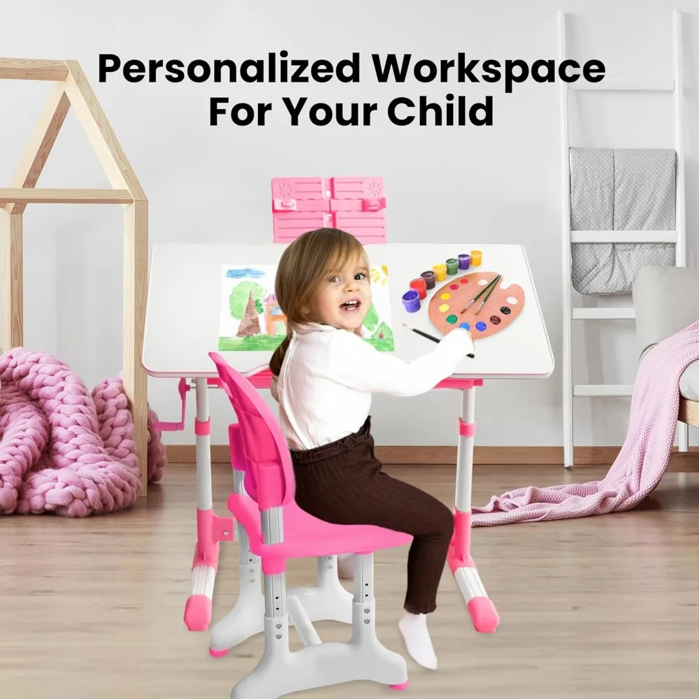 Kids Desk and Chair Set for Ages 4-12, Children's Study Table, Student School Desks with Lamp, Pencil Case, and Bookstand