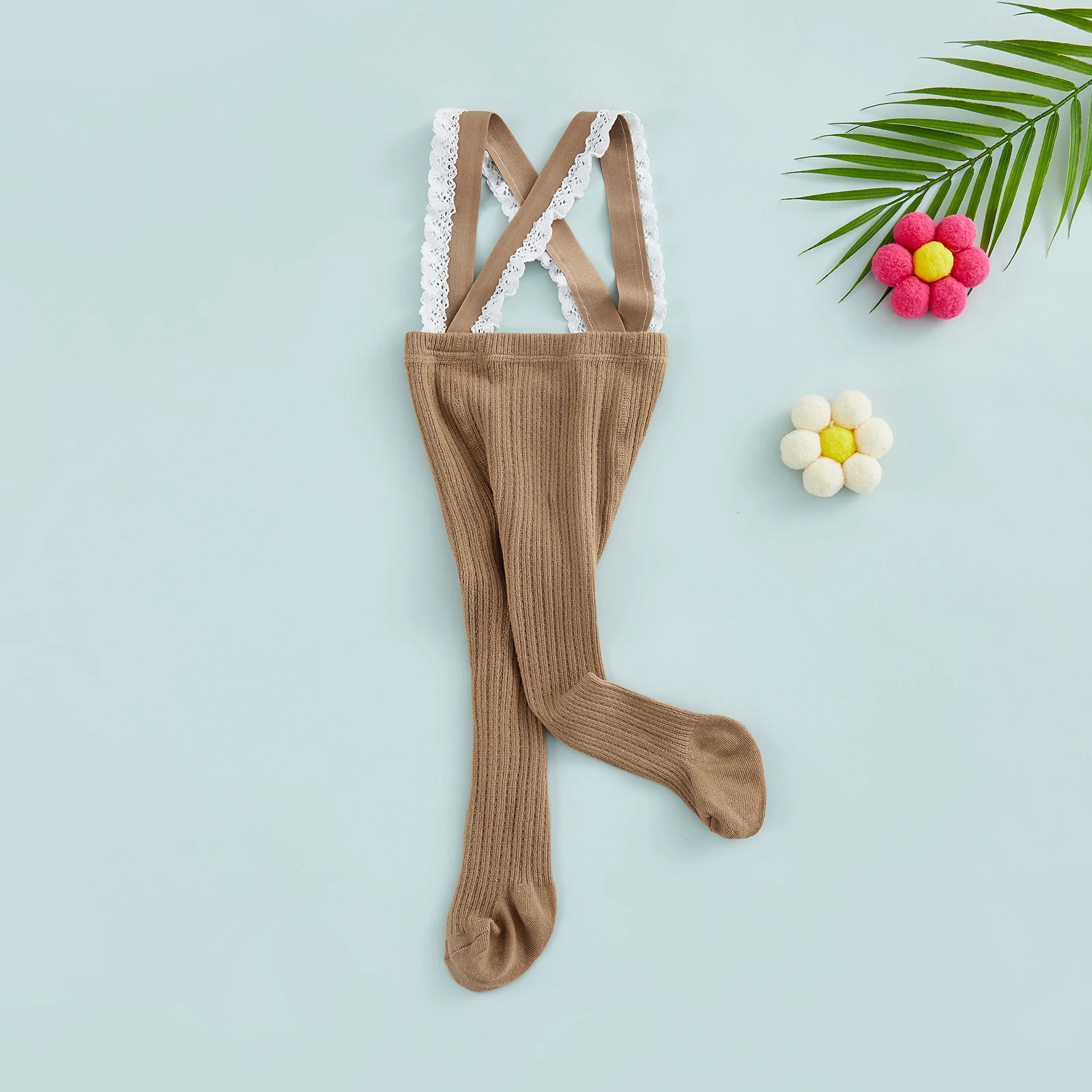 Infant Baby Girls Suspender Pantyhose High Waist Lace Plain Rib Knitted Footed Leggings Tights 0-1Years For Knit Tights Girls Pantyhose Suspender Leggings