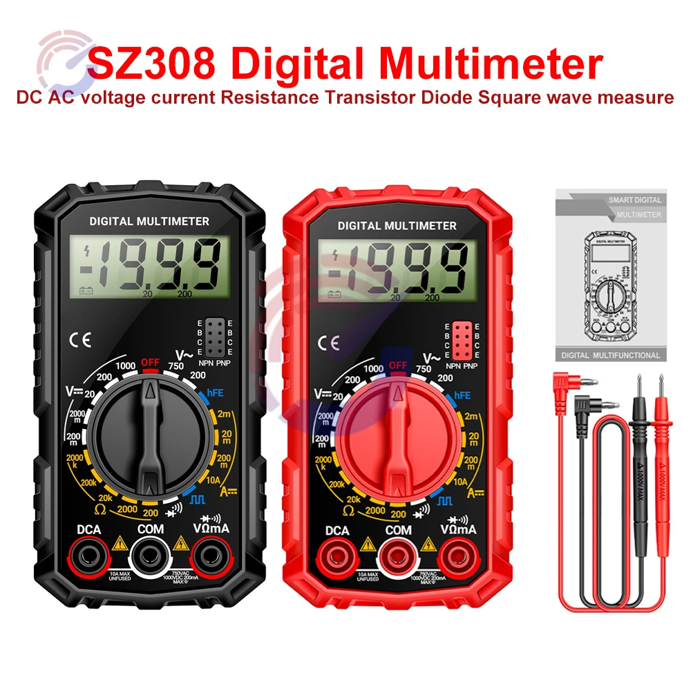 SZ308 Digital Multimeter DC AC Voltage Current Resistance Transistor Diode Square Wave Tester with Test probe