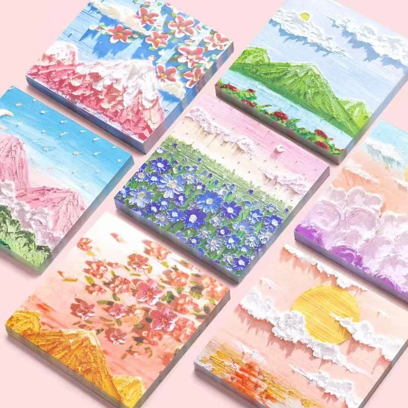 80 Sheets Ins Oil Painting Memo Pads Cute Sticky Notes Message Notes Daily Planner Decoration Sticker Stationery Office Supplies