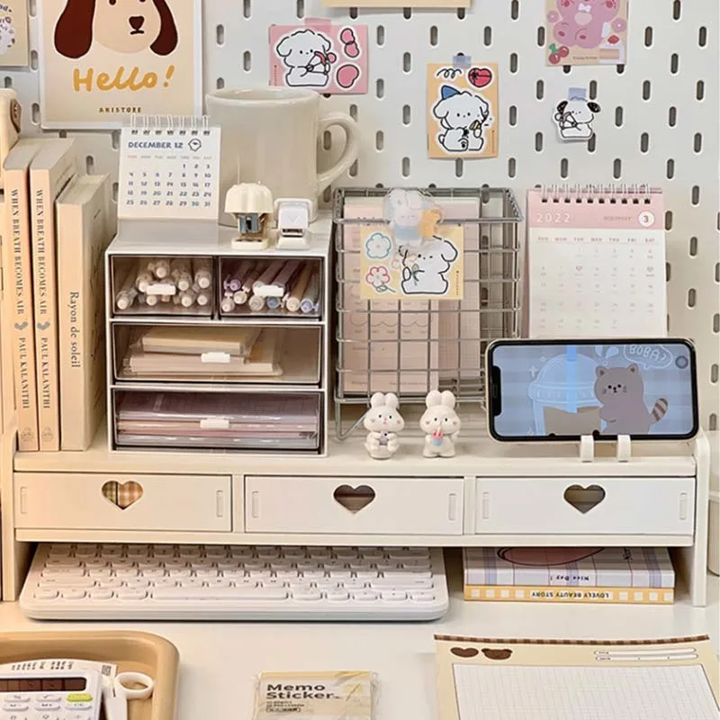 Desktop Elevated Rack With Drawers Simple Ins Wind Student Desk Computer Tablet Rack Stationery Storage Desktop Organizer storage tray office supplies set