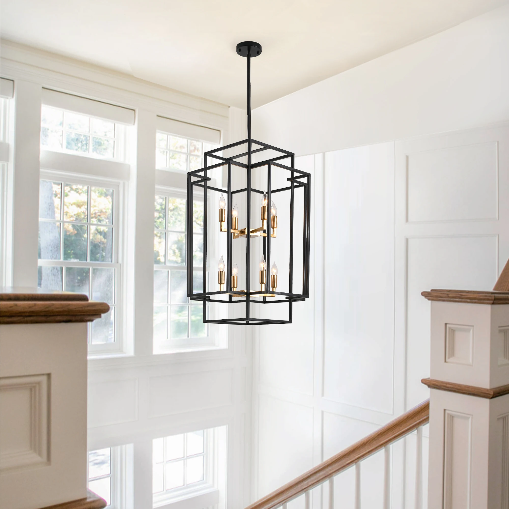 

8-Lights Lantern Tiered Pendant Light Fixtures Industrial Farmhouse Hanging Chandelier Lamp for Foyer Living Room Island Kitchen