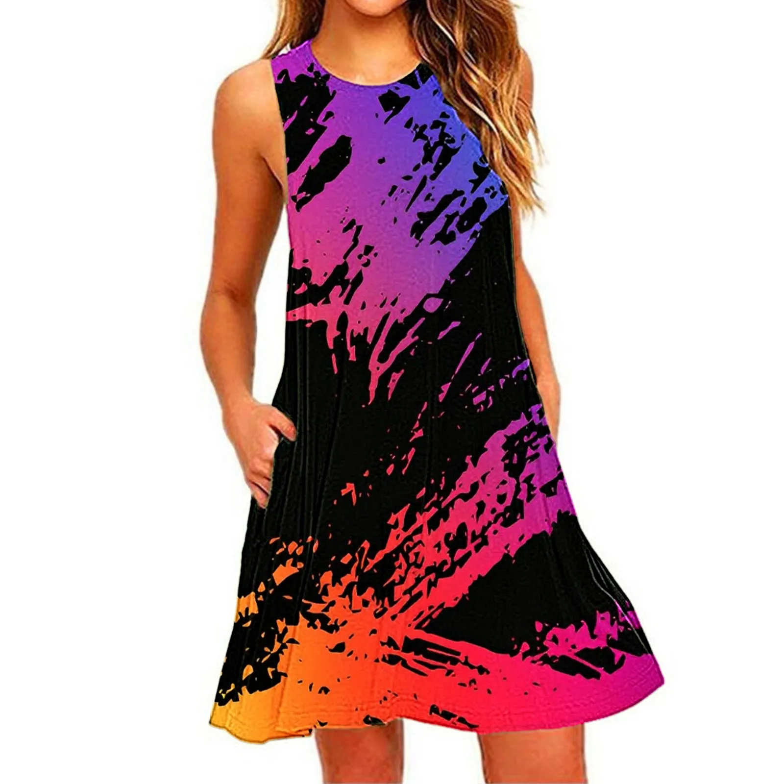 

Vintage Beach Dress Women Summer Round Neck Sleeveless Floral Print Casual Tank Mini Dress Loose A Line Party Dresses Vestidos