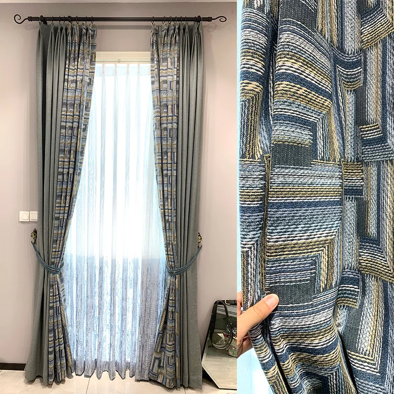 

Luxury Geometric Blackout Curtains for Living Room Bedroom High-end Thickened Cotton Hemp Fabric Blue Window Drapes