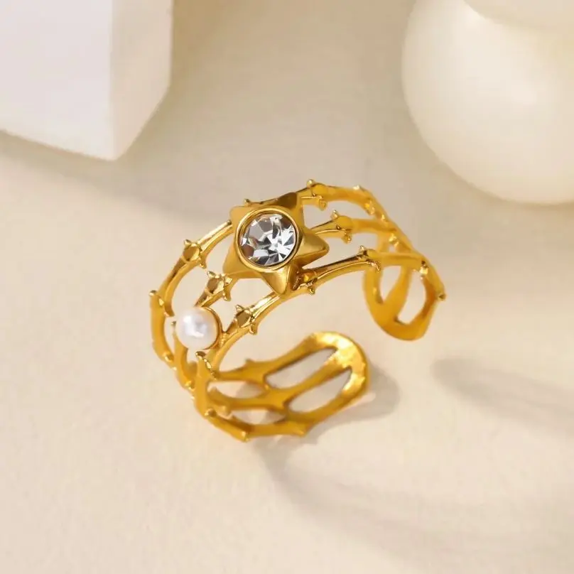 Zircon Geometric Star Pearl Rings for Women 18K Gold Plated Stainless Steel Ring