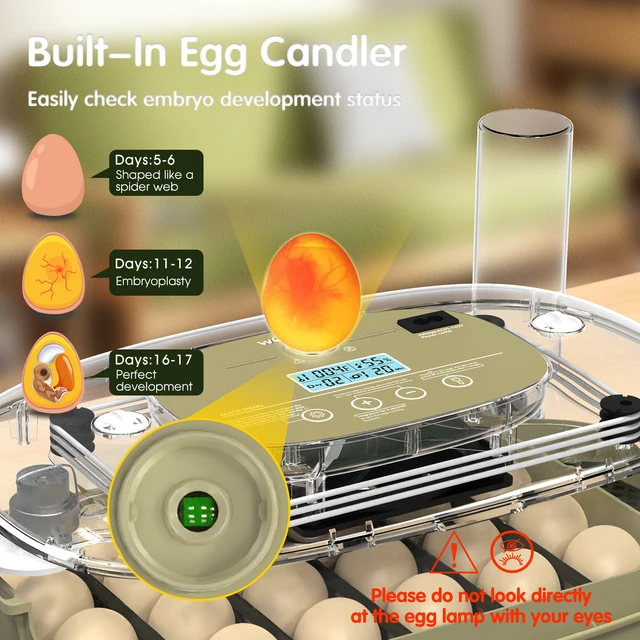 24 Egg Incubator with Automatic Turning, Temperature and Humidity Control, LED Egg Candler, and Auto Water Addition, for Hatchin
