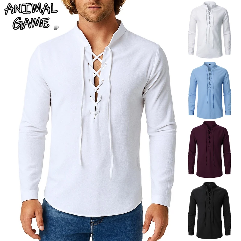 Animal Game Mens Cotton Linen T Shirts for Men Lightweight Breathable Henley Casual Shirts Halloween Shirts Sport Outerwear