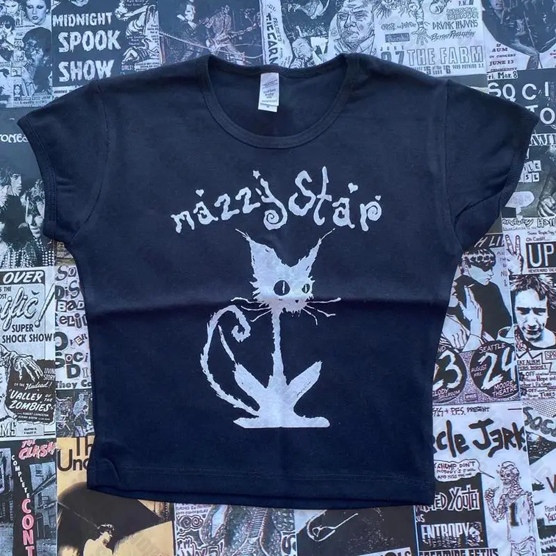 Punk Y2K T-shirt da bambino Top a maniche corte T-shirt da strada gotica T-shirt nera con stampa Star Cat da donna T-shirt estiva da donna Emo804_voghion.com