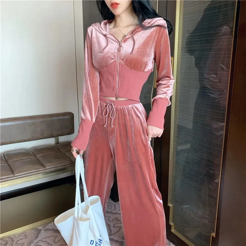 2023 New Autumn Women's Casual Set Hong Kong Style Velvet Hooded Cardigan Short Coat Elastic Waist Wide Leg Pants Two Piece Set