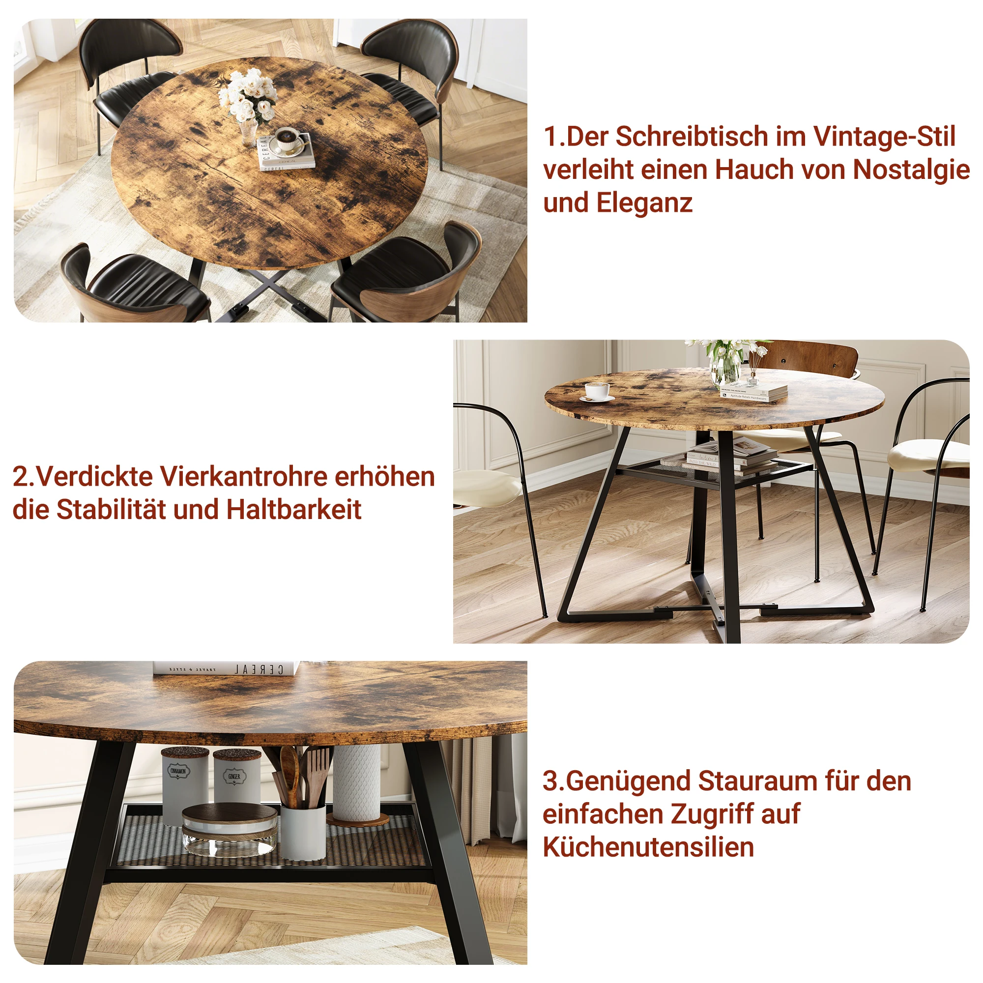 Rosahqnda Runder Esstisch, 120 cm rustikaler Esstisch mit Metallsockel, Tisch für Küche, Wohnzimmer, Esszimmer – Detail 4