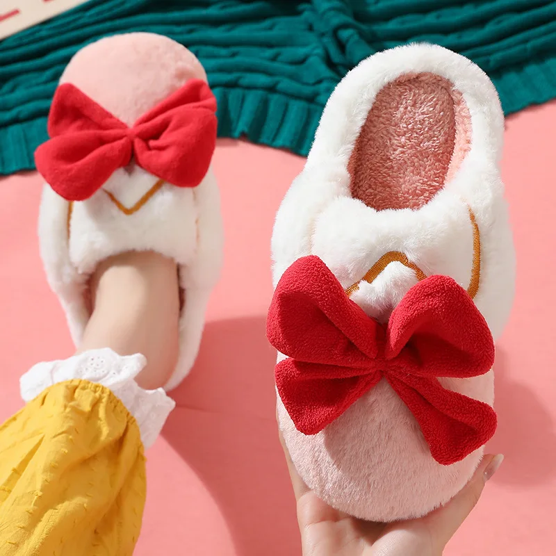 

2022 New Women Cotton Slippers Princess Bow Knot Home Warm Plush Slippers Winter Slippers Indoor shoes Winter Cotton Slippers