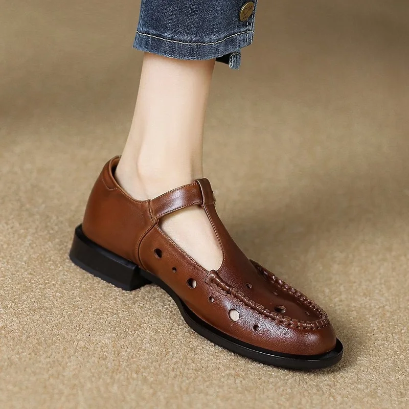 

Women‘s Flats Round Toe Retro Autumn Spring Flats With Buckle Basic Shoes Woman Cowhide Real Leather Shoes French Style