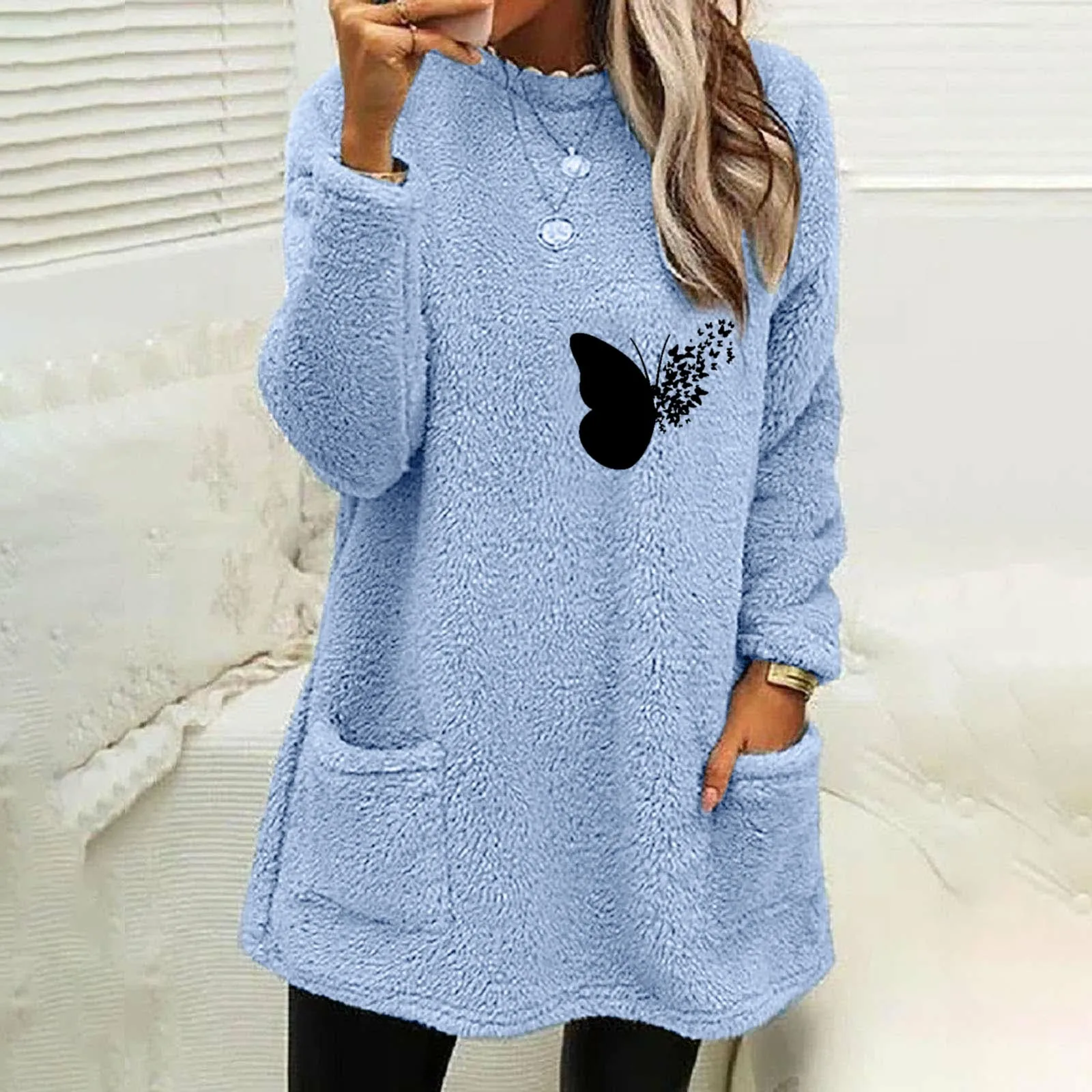 

Fleece Sherpa Sweatshirts For Womens Casual Crewneck Pullover Winter Warm Faux Fur Loungwear Tops With Pockets Streetwear