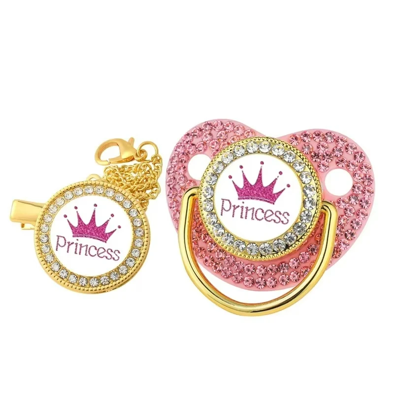 All Zircon Baby Pacifier Chain Clips Set Gold Crown Princess Prince Pacifiers Holder Silicone Nipple Luxury Infant Shower Gifts 2